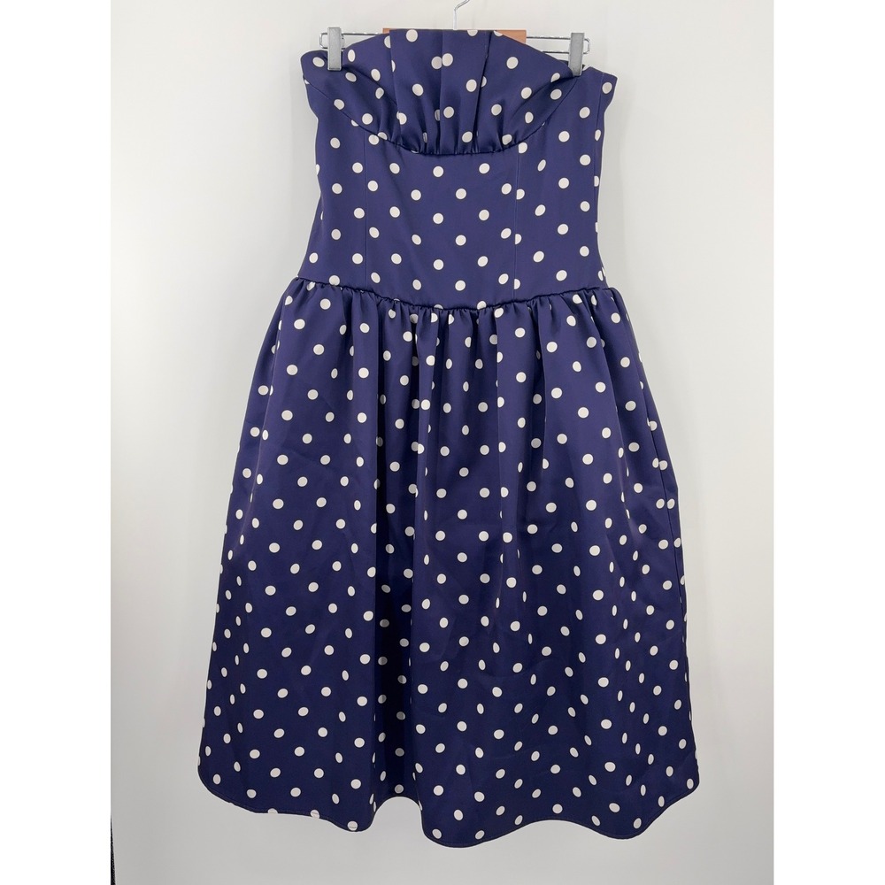 B67 Self Portrait Polka Dot Midi Dress 8 Strapless Satin Navy White Cocktail - Picture 5 of 13